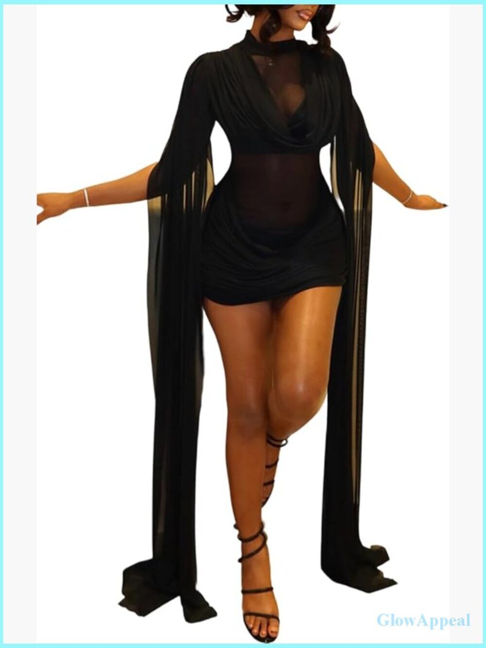 Sexy Mesh Mini Cocktail Dress Mock Neck Ruched Bodycon Sheer Long Sleeve Party